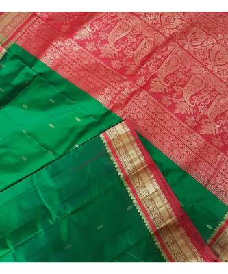 Green with maroon red handloom small Ghatti border pure south silk saree. 2