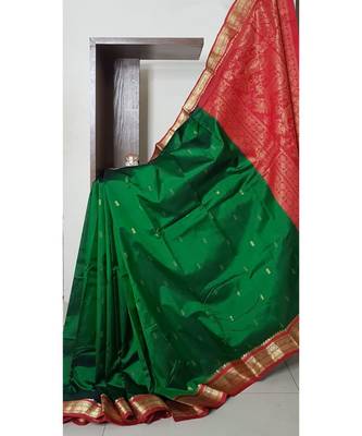 Green with maroon red handloom small Ghatti border pure south silk saree. 1