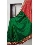 Green with maroon red handloom small Ghatti border pure south silk saree.