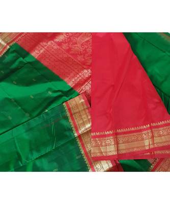 Green with maroon red handloom small Ghatti border pure south silk saree. 3