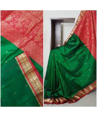 Green with maroon red handloom small Ghatti border pure south silk saree. 4