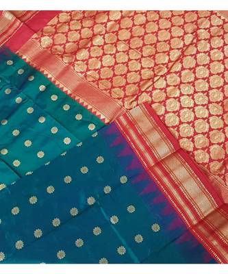 Teal green with red temple bordered pure silk Saree 2