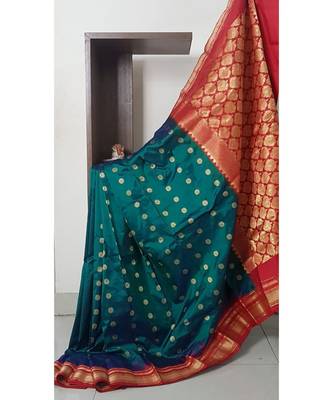Teal green with red temple bordered pure silk Saree 1