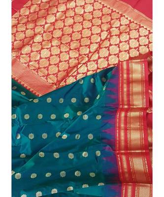 Teal green with red temple bordered pure silk Saree 3