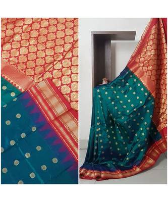 Teal green with red temple bordered pure silk Saree 4
