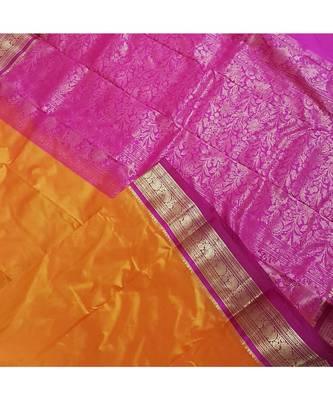 Mustard with pink handloom small Ghatti border pure south silk saree. 2