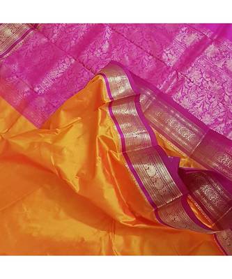 Mustard with pink handloom small Ghatti border pure south silk saree. 3