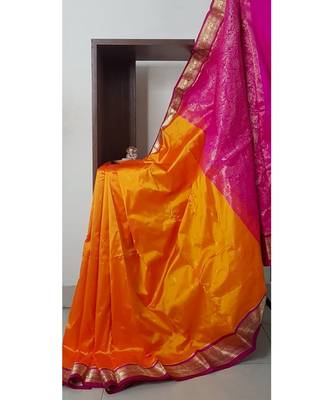 Mustard with pink handloom small Ghatti border pure south silk saree. 1