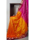 Mustard with pink handloom small Ghatti border pure south silk saree.