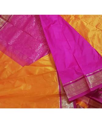 Mustard with pink handloom small Ghatti border pure south silk saree. 4