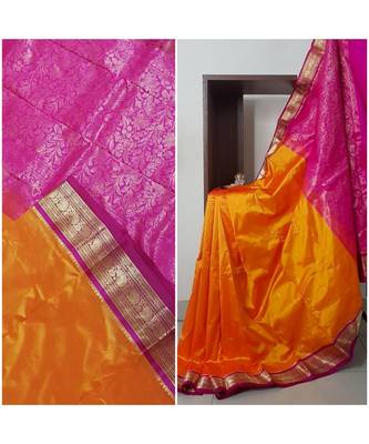 Mustard with pink handloom small Ghatti border pure south silk saree. 5