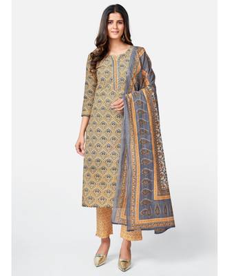 Women's Printed & sequience work Straight Cotton Beige Kurta With Pant & Dupatta 1