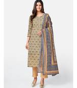 Women's Printed & sequience work Straight Cotton Beige Kurta With Pant & Dupatta