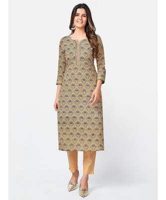 Women's Printed & sequience work Straight Cotton Beige Kurta With Pant & Dupatta 2