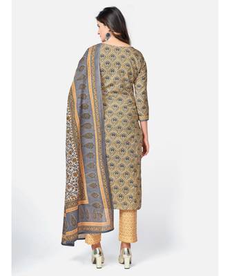 Women's Printed & sequience work Straight Cotton Beige Kurta With Pant & Dupatta 3
