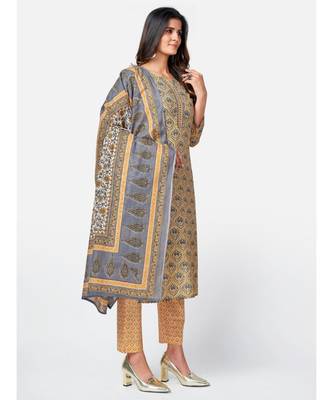 Women's Printed & sequience work Straight Cotton Beige Kurta With Pant & Dupatta 4