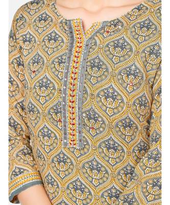 Women's Printed & sequience work Straight Cotton Beige Kurta With Pant & Dupatta 5