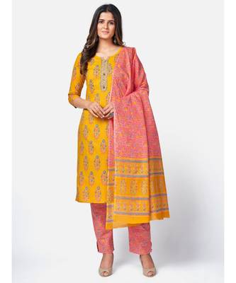 Women's Floral Print & sequience work Straight Cotton Yellow Kurta With Pant & Dupatta 1