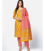 Women's Floral Print & sequience work Straight Cotton Yellow Kurta With Pant & Dupatta