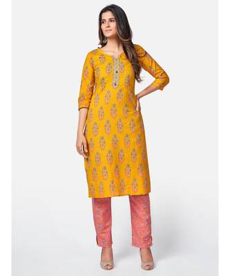 Women's Floral Print & sequience work Straight Cotton Yellow Kurta With Pant & Dupatta 2