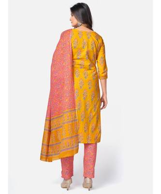Women's Floral Print & sequience work Straight Cotton Yellow Kurta With Pant & Dupatta 3