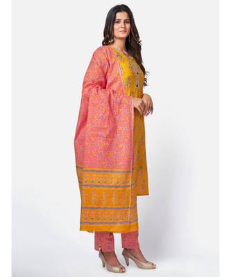 Women's Floral Print & sequience work Straight Cotton Yellow Kurta With Pant & Dupatta 4