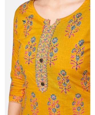 Women's Floral Print & sequience work Straight Cotton Yellow Kurta With Pant & Dupatta 5