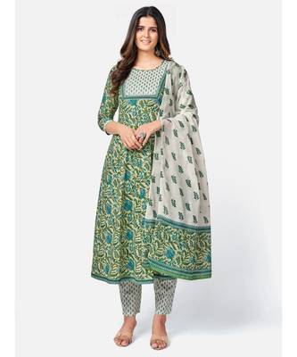 Women's Floral Print & sequience work Anarkali Cotton Green Kurta With Pant & Dupatta 1