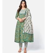 Women's Floral Print & sequience work Anarkali Cotton Green Kurta With Pant & Dupatta