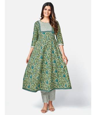 Women's Floral Print & sequience work Anarkali Cotton Green Kurta With Pant & Dupatta 2