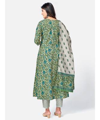 Women's Floral Print & sequience work Anarkali Cotton Green Kurta With Pant & Dupatta 3