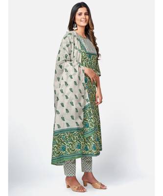 Women's Floral Print & sequience work Anarkali Cotton Green Kurta With Pant & Dupatta 4