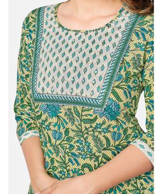 Women's Floral Print & sequience work Anarkali Cotton Green Kurta With Pant & Dupatta 5
