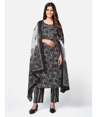 Women's Printed & Gota patti work Straight Cotton Black Kurta With Pant & Dupatta 1