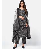 Women's Printed & Gota patti work Straight Cotton Black Kurta With Pant & Dupatta