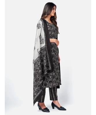 Women's Printed & Gota patti work Straight Cotton Black Kurta With Pant & Dupatta 4