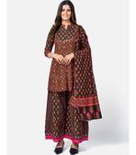 Women's Floral Print & sequience work Round Flared Cotton Pink Kurta With Palazzo & dupatta