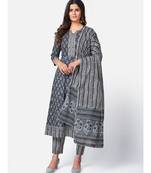Women's Floral Print & sequience work Anarkali Cotton Dark Grey Kurta With Pant & dupatta