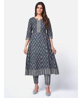 Women's Floral Print & sequience work Anarkali Cotton Dark Grey Kurta With Pant & dupatta 2