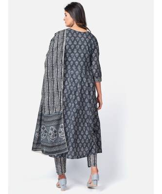 Women's Floral Print & sequience work Anarkali Cotton Dark Grey Kurta With Pant & dupatta 3