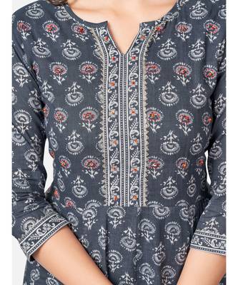 Women's Floral Print & sequience work Anarkali Cotton Dark Grey Kurta With Pant & dupatta 5