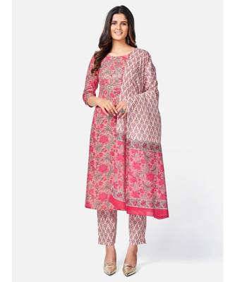 Women's Floral Print & Embroidered Straight Cotton Peach Kurta With Pant & dupatta 1