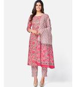 Women's Floral Print & Embroidered Straight Cotton Peach Kurta With Pant & dupatta