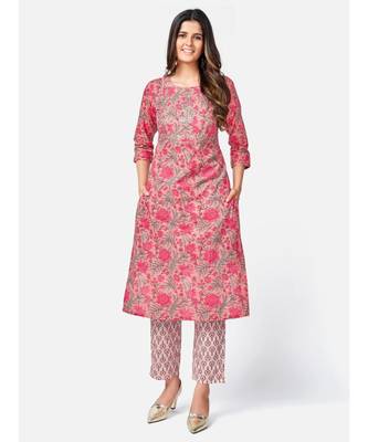 Women's Floral Print & Embroidered Straight Cotton Peach Kurta With Pant & dupatta 2