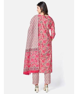 Women's Floral Print & Embroidered Straight Cotton Peach Kurta With Pant & dupatta 3