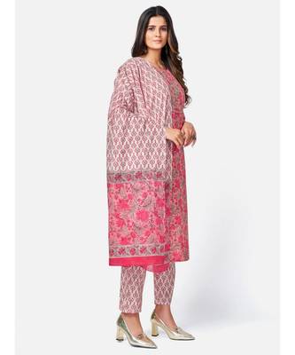 Women's Floral Print & Embroidered Straight Cotton Peach Kurta With Pant & dupatta 4