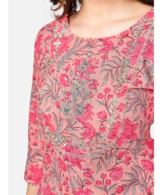 Women's Floral Print & Embroidered Straight Cotton Peach Kurta With Pant & dupatta 5