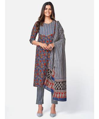 Women's Floral Print & sequience work Straight Cotton Blue Kurta With Pant & dupatta 1
