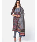 Women's Floral Print & sequience work Straight Cotton Blue Kurta With Pant & dupatta
