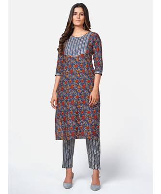 Women's Floral Print & sequience work Straight Cotton Blue Kurta With Pant & dupatta 2